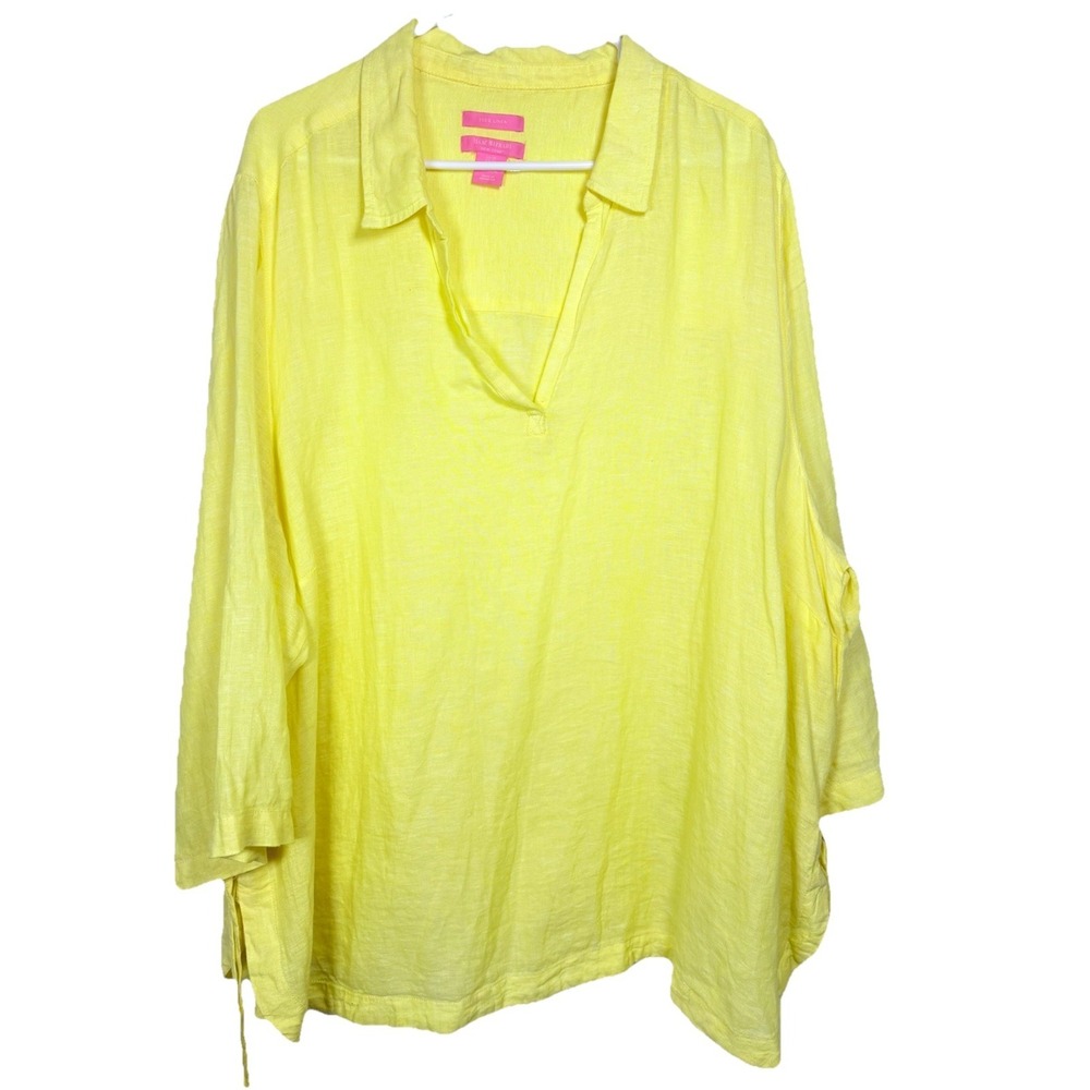 Isaac Mizrahi 100% Linen Tunic‎ Blouse 3X Yellow Coastal Grandma Boho Beach